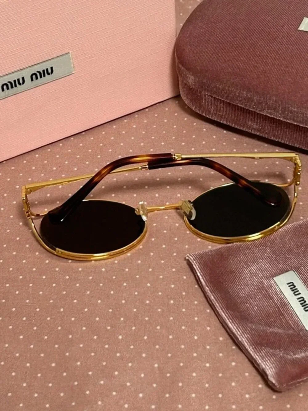 Miu Miu Gold Round Metal Sunglasses with Dark Lenses